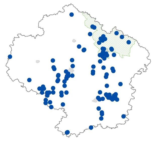 Mapa výskytu - skokan ostronosý - Rana arvalis