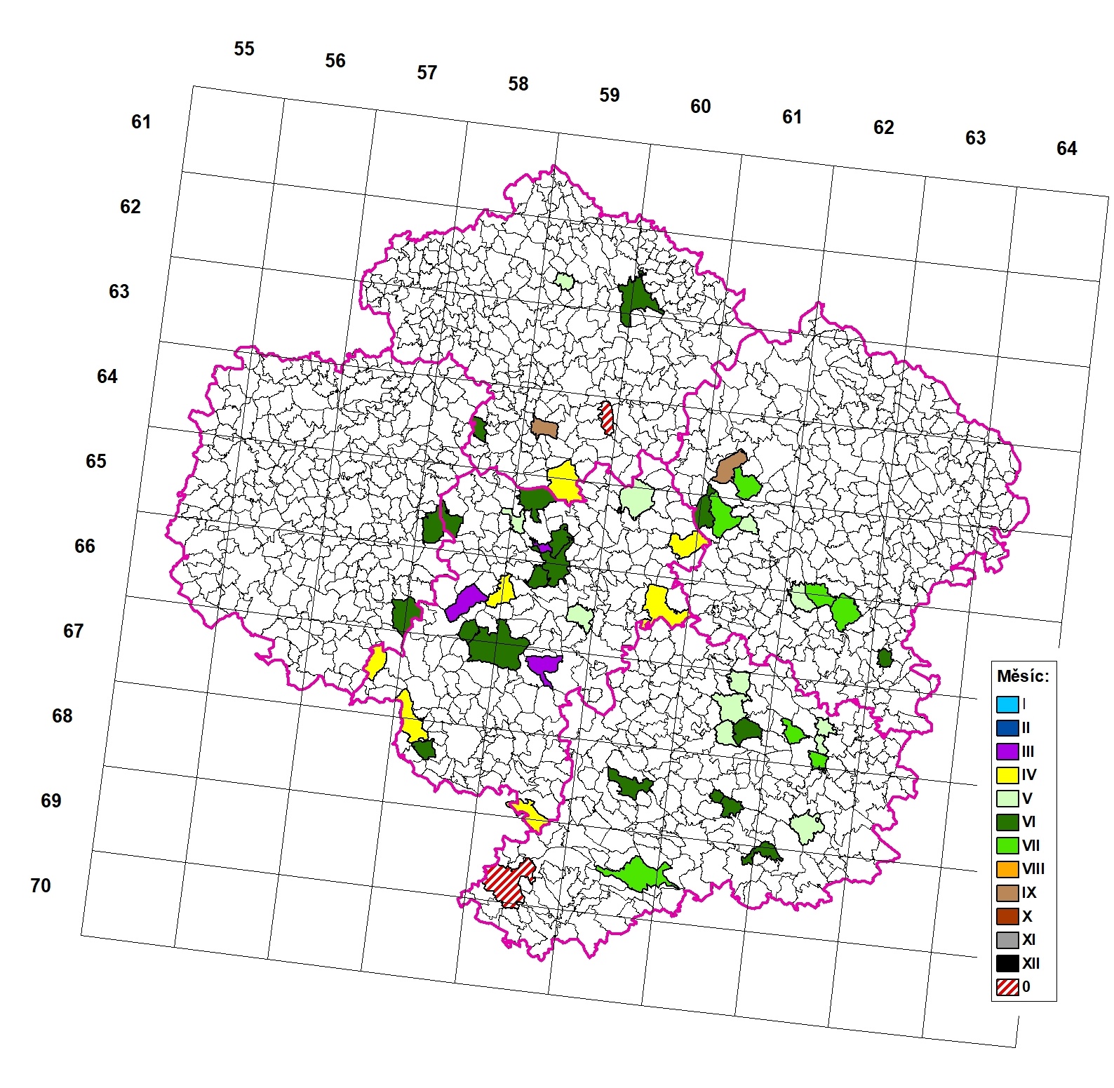 Záznamy z let 2001 - 2017 v jednotlivých katastrálních územích v Kraji Vysočina.