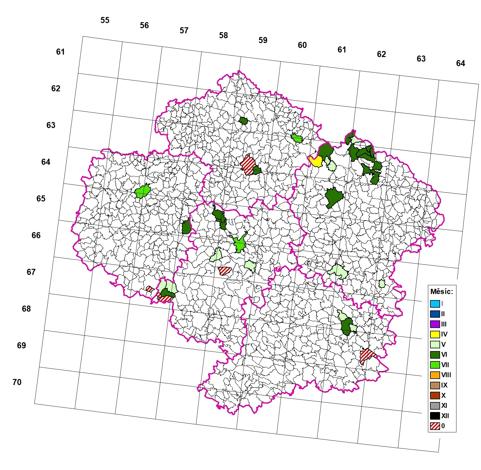 Záznamy z let 2001 - 2017 na jednotlivých katastrálních územích v Kraji Vysočina.