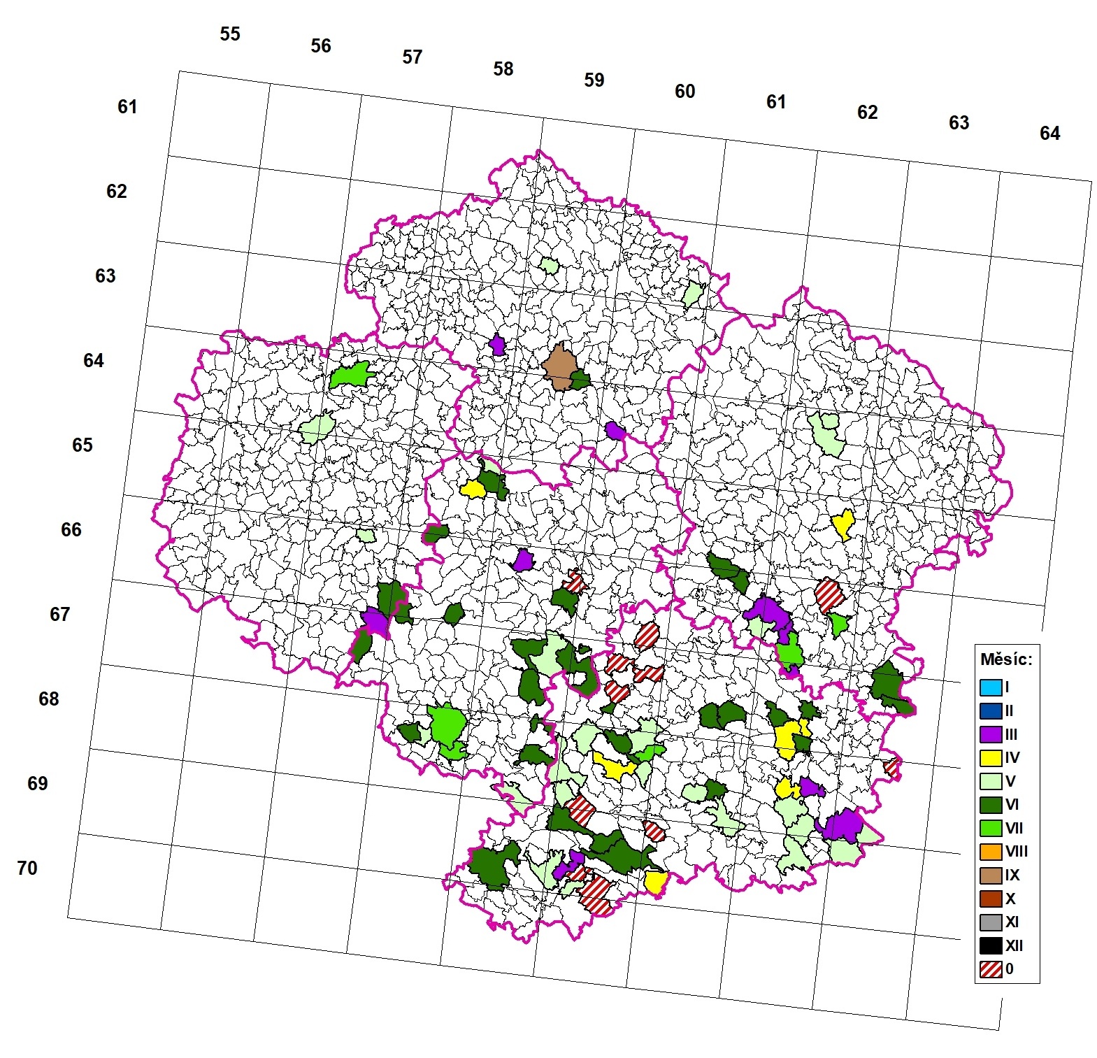 Záznamy z let 2001 - 2017 na jednotlivých katastrálních územích v Kraji Vysočina.