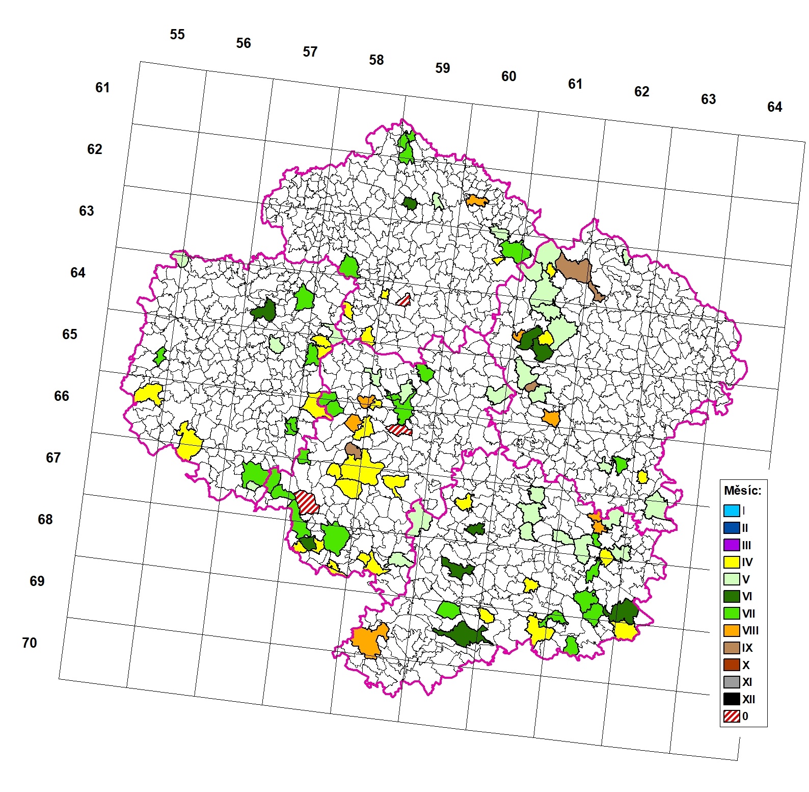 Záznamy z let 2001 - 2017 v jednotlivých katastrálních územích v Kraji Vysočina.