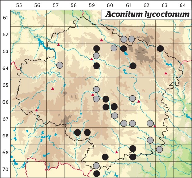 Mapa výskytu - oměj vlčí mor - Aconitum lycoctonum