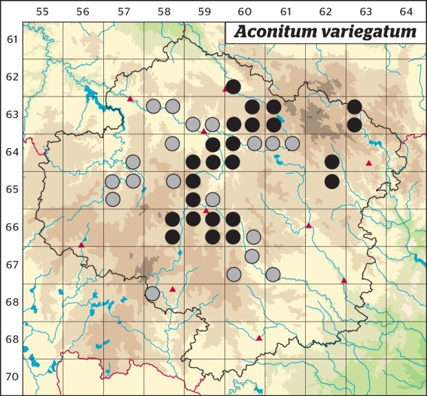 Mapa výskytu - oměj pestrý - Aconitum variegatum