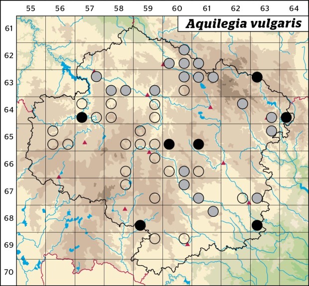 Mapa výskytu - orlíček obecný - Aquilegia vulgaris