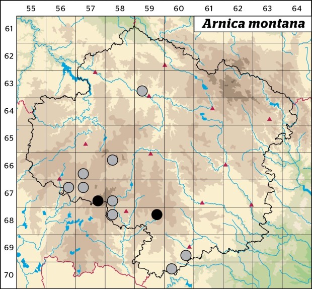 Mapa výskytu - prha arnika - Arnica montana