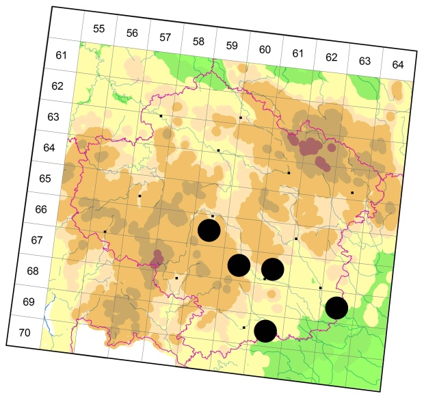 Mapa výskytu - střevlíček - Badister dilatatus