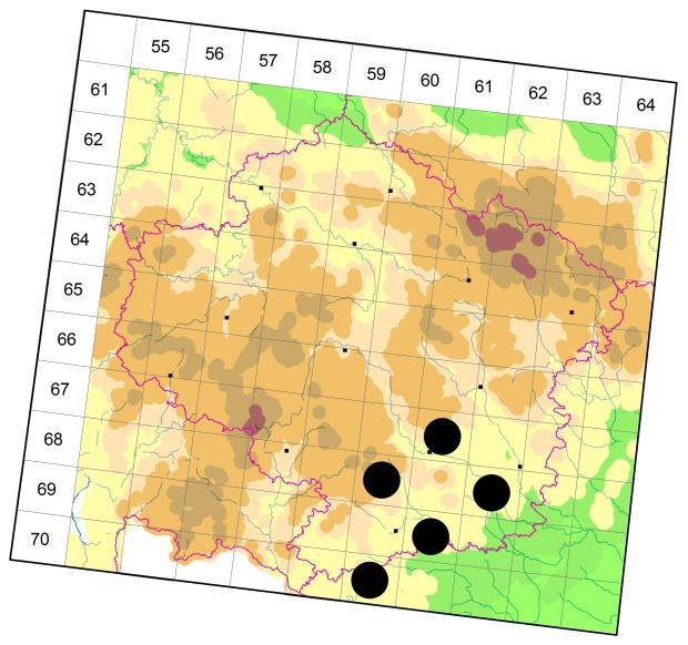 Mapa výskytu - střevlíček - Bembidion inoptatum