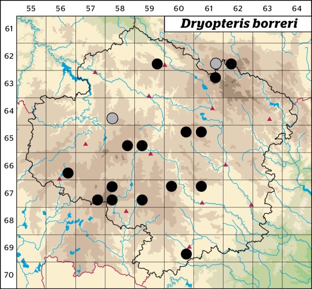Mapa výskytu - kapraď borrerova - Dryopteris borreri