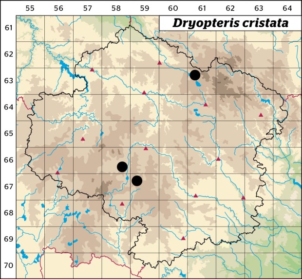 Mapa výskytu - kapraď hřebenitá - Dryopteris cristata