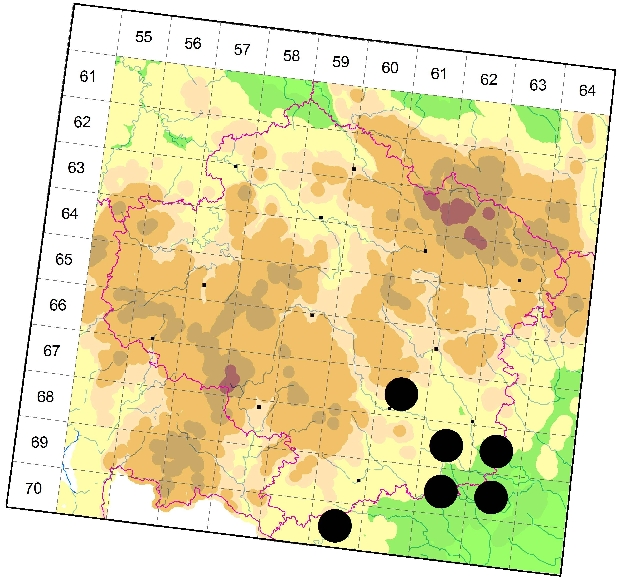 Mapa výskytu - stepník rudý - Eresus kollari