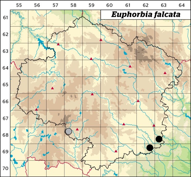 Mapa výskytu - pryšec srpovitý - Euphorbia falcata