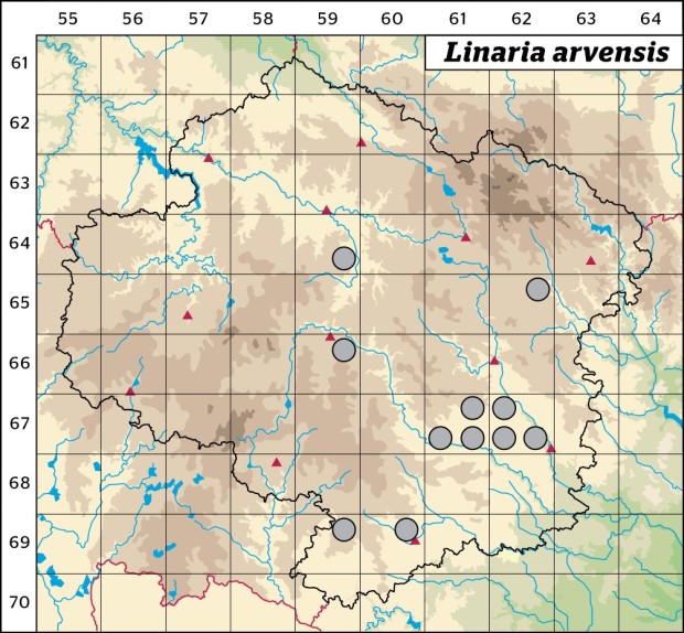 Mapa výskytu - lnice rolní - Linaria arvensis