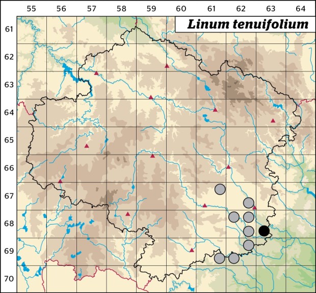 Mapa výskytu - len tenkolistý - Linum tenuifolium