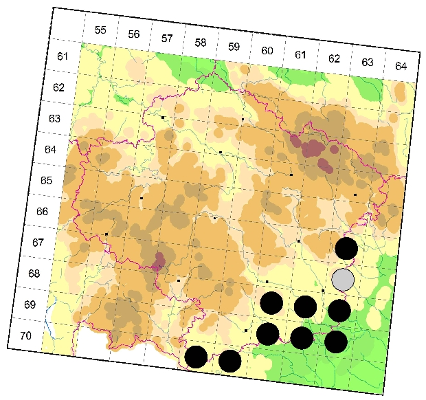 Mapa výskytu - kozlíček - Mesosa nebulosa