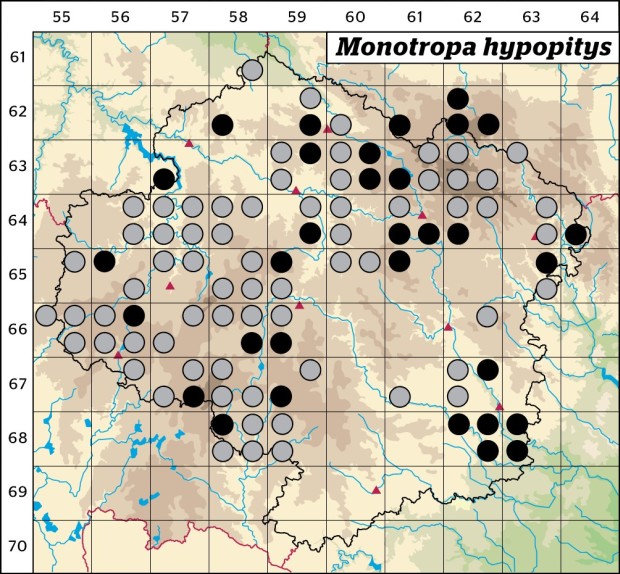 Mapa výskytu - hnilák smrkový - Monotropa hypopitys