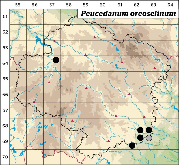 Mapa výskytu - smldník olešníkový - Peucedanum oreoselinum