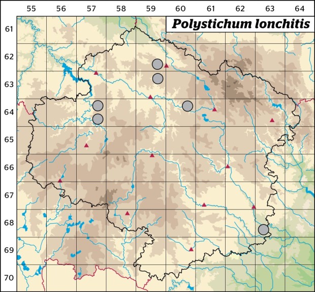 Mapa výskytu - kapradina hrálovitá - Polystichum lonchitis