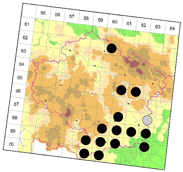 Mapa výskytu - tesařík - Pyrrhidium sanguineum