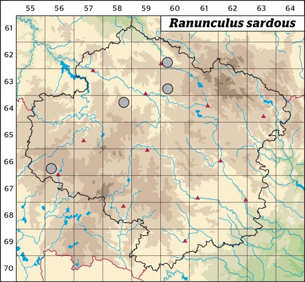 Mapa výskytu - pryskyřník sardinský - Ranunculus sardous