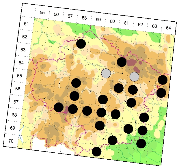 Mapa výskytu - tesařík skvrnitý - Rutpela maculata