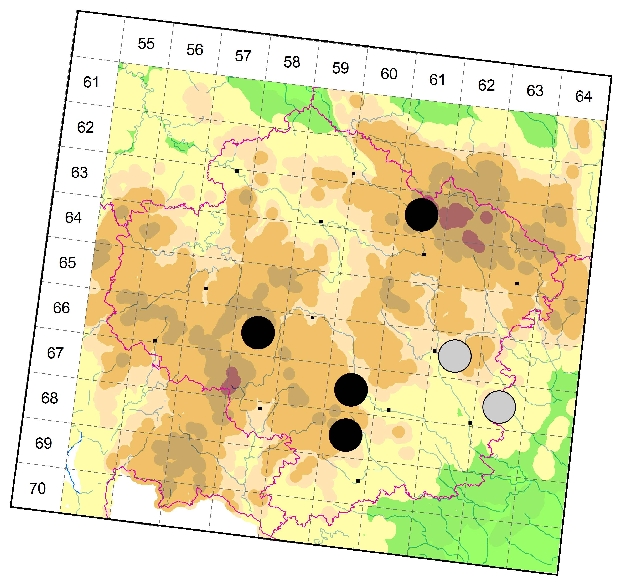 Mapa výskytu - tesařík - Tetropium fuscum